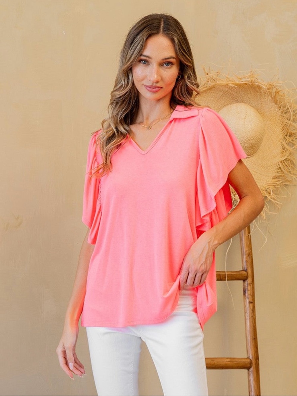 New! Sew in Love Solid Collared V-Neck in Neon Pink Flutter Sleeve | Sz. 3xl